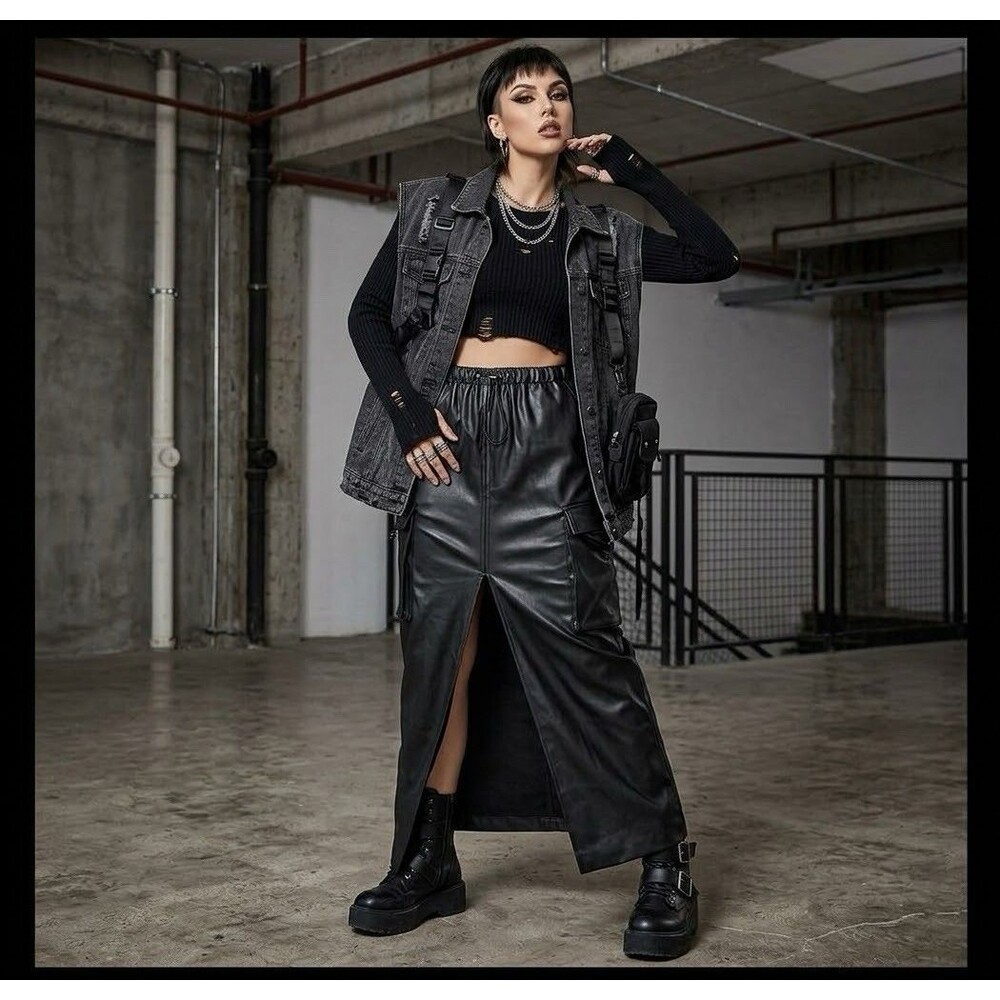 Mustard Seed Black Faux Leather Cargo Maxi Skirt M 522051 Grunge Utility Long PU